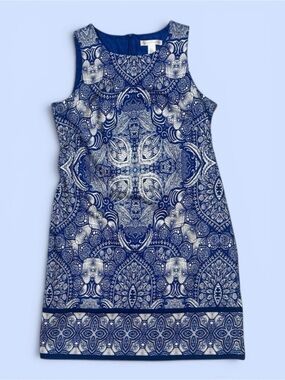 London Times Dress Sleeveless Sheath Mosaic‎ Print Sz 8 Blue & White